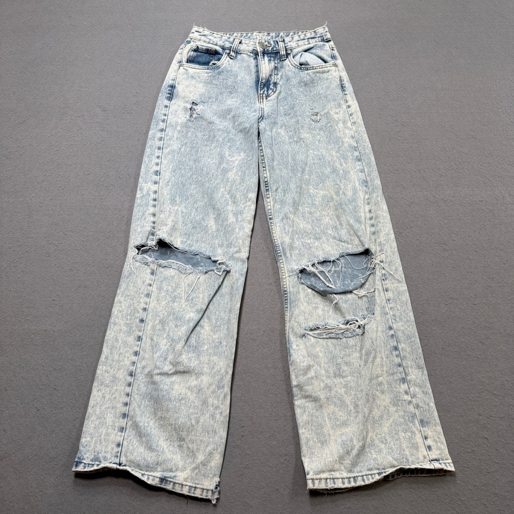 Refuge Wide Leg Jeans Women's 0 Blue Acid Wash High Waist Loose Fit Distressed